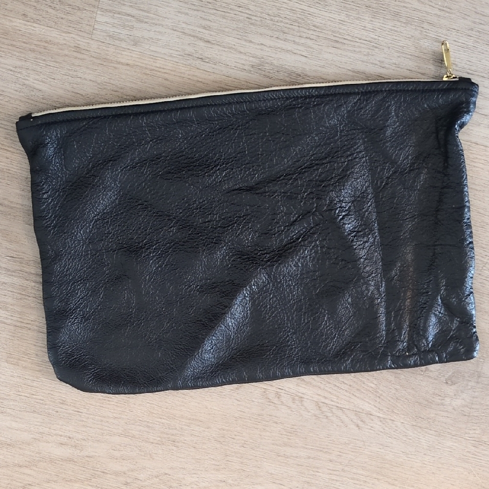 Black Leather Clutch Pouch with Gold Zipper